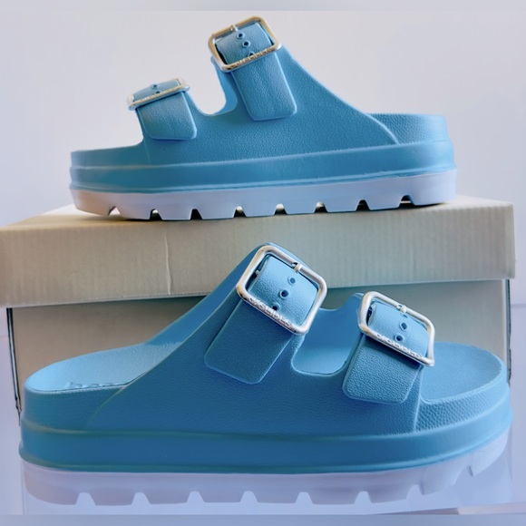 J/Slides SIMPLY B Sky Blue EVA Platform Light Blue - Silver Buckles Size 8 NIB - Picture 9 of 14